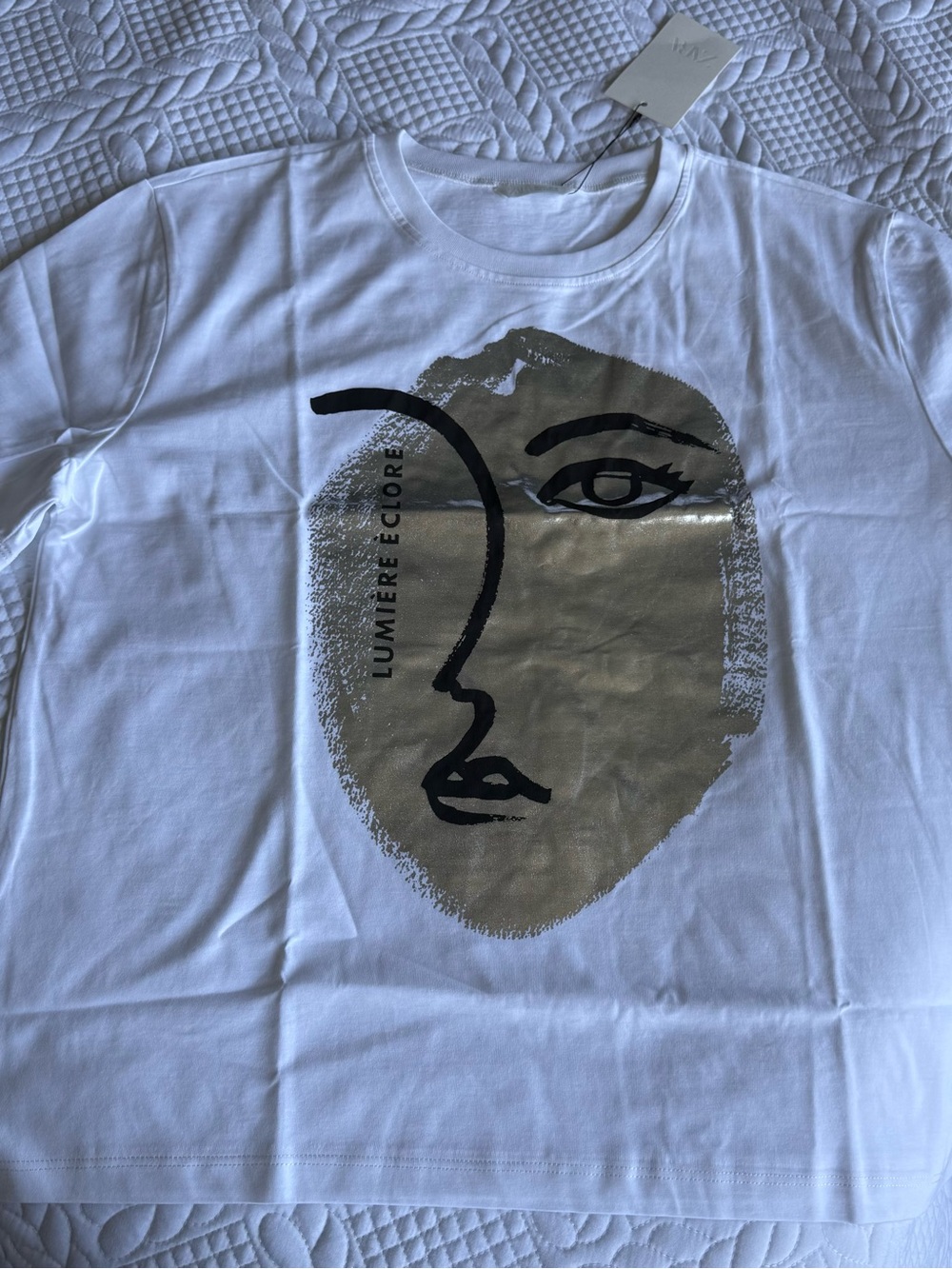 Zara White Tee with Metallic Gold Face Graphic